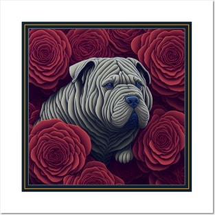 Dogs, sharpei dog and flowers, dog, style vector (Red version sharpei) Posters and Art